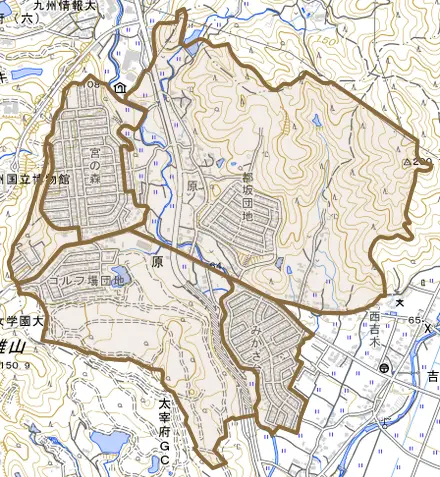 大字原とその周辺の地図。町の範囲を重ねている