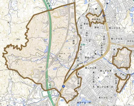 大字原田とその周辺の地図。町の範囲を重ねている