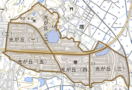 光が丘とその周辺の地図。町の範囲を重ねている