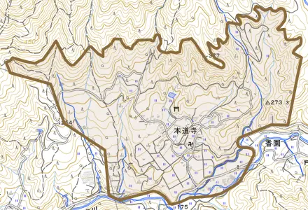 大字本道寺とその周辺の地図。町の範囲を重ねている