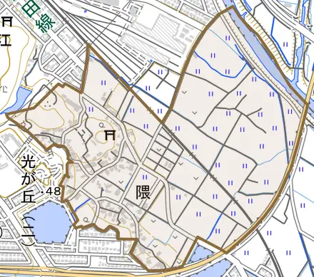 大字隈とその周辺の地図。町の範囲を重ねている