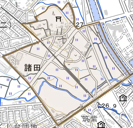 大字諸田とその周辺の地図。町の範囲を重ねている