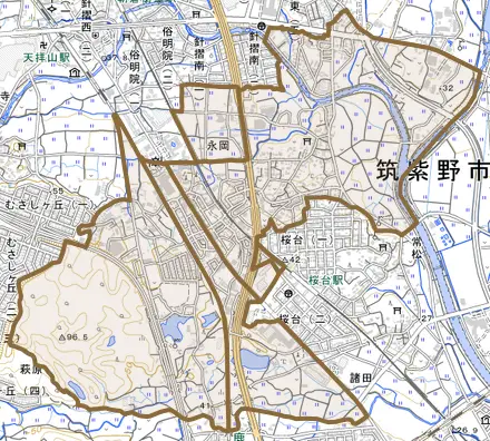 大字永岡とその周辺の地図。町の範囲を重ねている