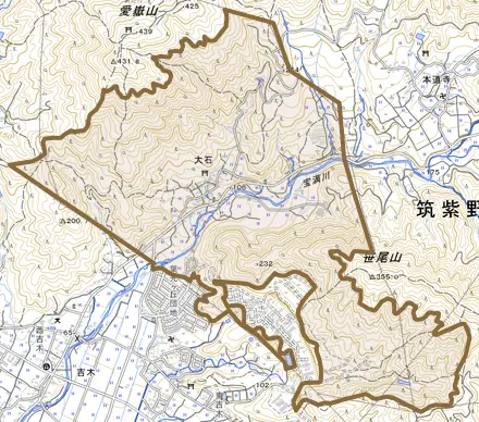 大字大石とその周辺の地図。町の範囲を重ねている