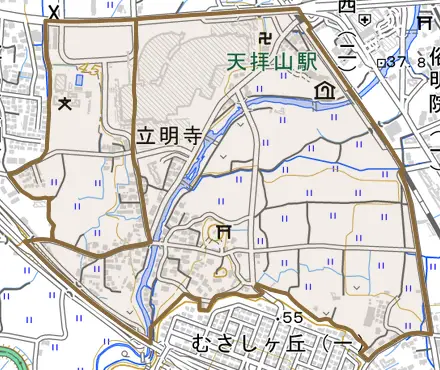 大字立明寺とその周辺の地図。町の範囲を重ねている
