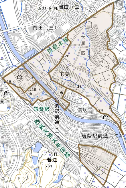 大字下見とその周辺の地図。町の範囲を重ねている