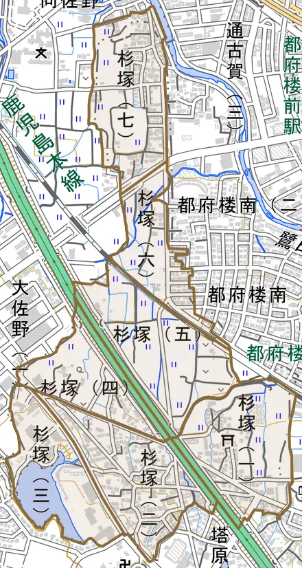 杉塚とその周辺の地図。町の範囲を重ねている