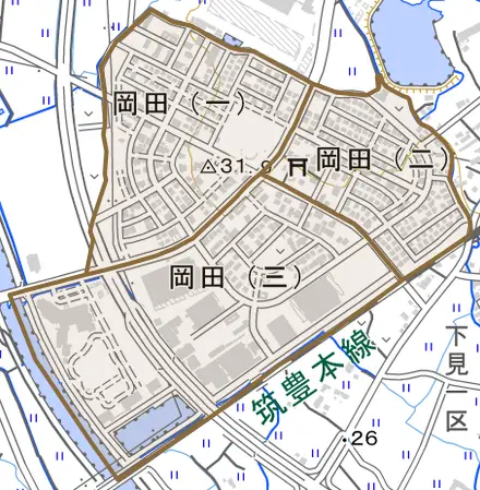 岡田とその周辺の地図。町の範囲を重ねている