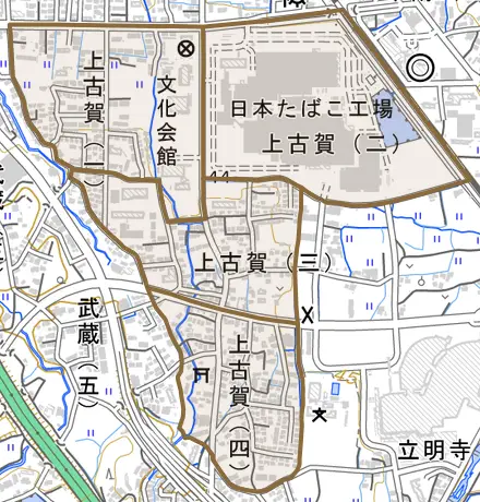 上古賀とその周辺の地図。町の範囲を重ねている