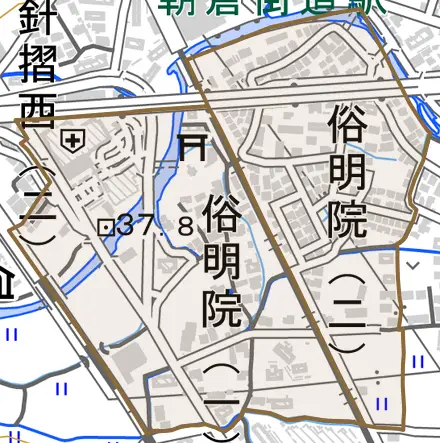 俗明院とその周辺の地図。町の範囲を重ねている