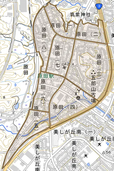 原田とその周辺の地図。町の範囲を重ねている