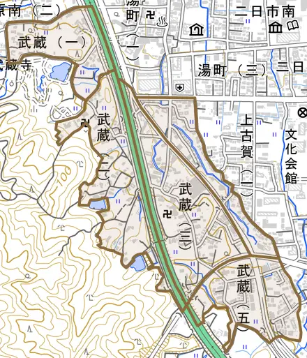 武蔵とその周辺の地図。町の範囲を重ねている