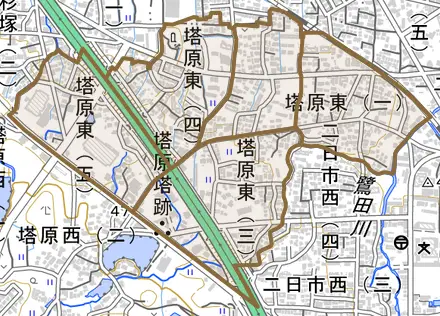 塔原東とその周辺の地図。町の範囲を重ねている