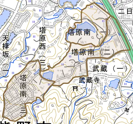 塔原南とその周辺の地図。町の範囲を重ねている