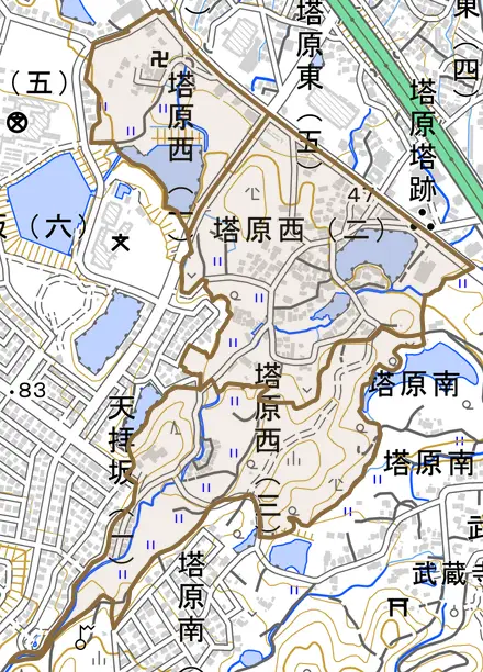 塔原西とその周辺の地図。町の範囲を重ねている