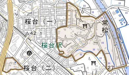 大字常松とその周辺の地図。町の範囲を重ねている