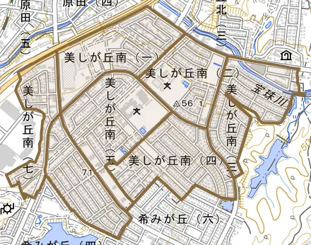 美しが丘南とその周辺の地図。町の範囲を重ねている