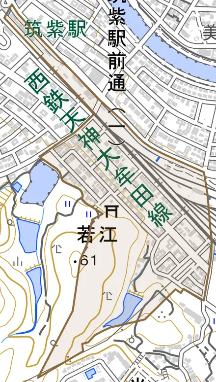 大字若江とその周辺の地図。町の範囲を重ねている