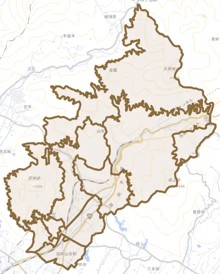 大字山家とその周辺の地図。町の範囲を重ねている