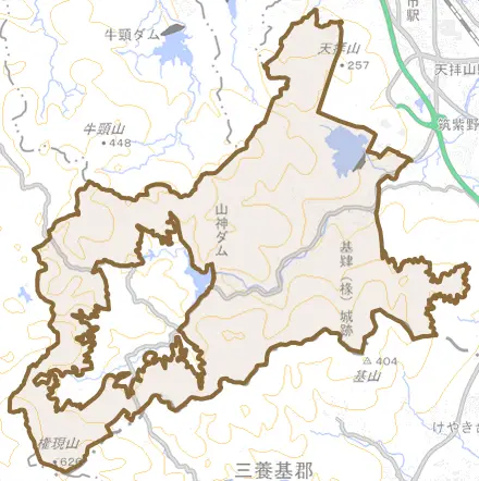 大字山口とその周辺の地図。町の範囲を重ねている