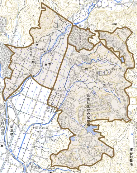 大字吉木とその周辺の地図。町の範囲を重ねている