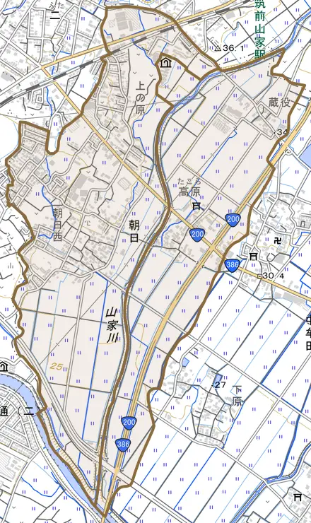 朝日とその周辺の地図。町の範囲を重ねている