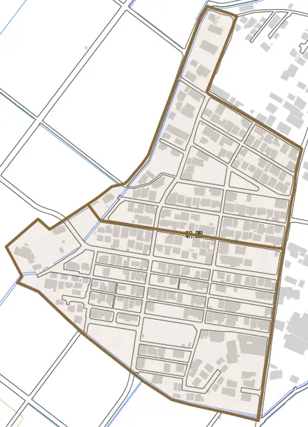 朝園とその周辺の地図。町の範囲を重ねている