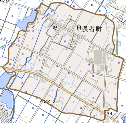 長者町とその周辺の地図。町の範囲を重ねている