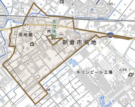 原地蔵とその周辺の地図。町の範囲を重ねている