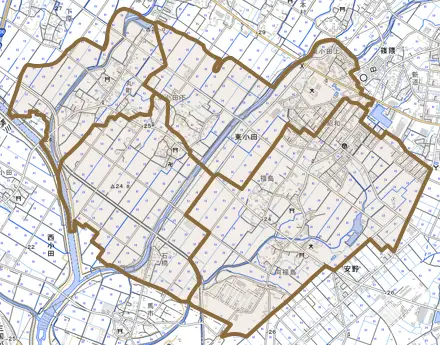 東小田とその周辺の地図。町の範囲を重ねている