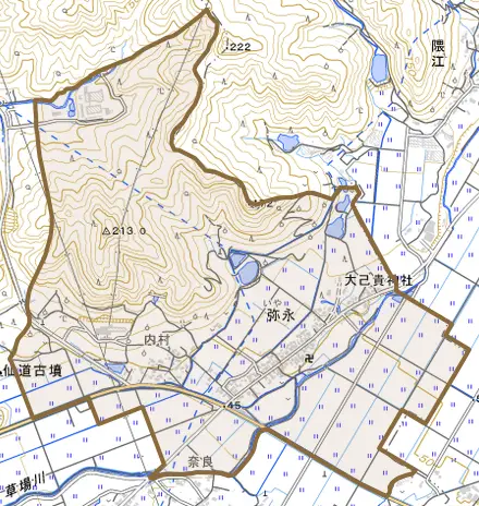 弥永とその周辺の地図。町の範囲を重ねている