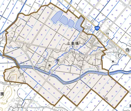 上高場とその周辺の地図。町の範囲を重ねている