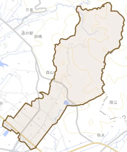 栗田とその周辺の地図。町の範囲を重ねている