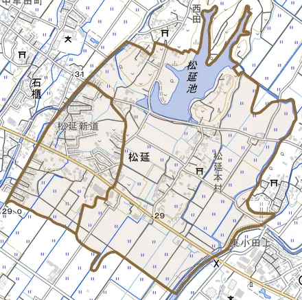 松延とその周辺の地図。町の範囲を重ねている