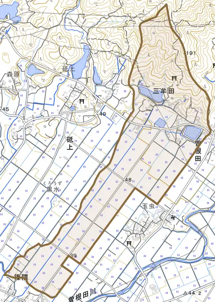 三牟田とその周辺の地図。町の範囲を重ねている