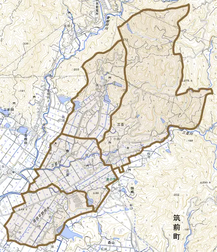 三並とその周辺の地図。町の範囲を重ねている