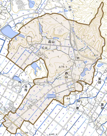 森山とその周辺の地図。町の範囲を重ねている