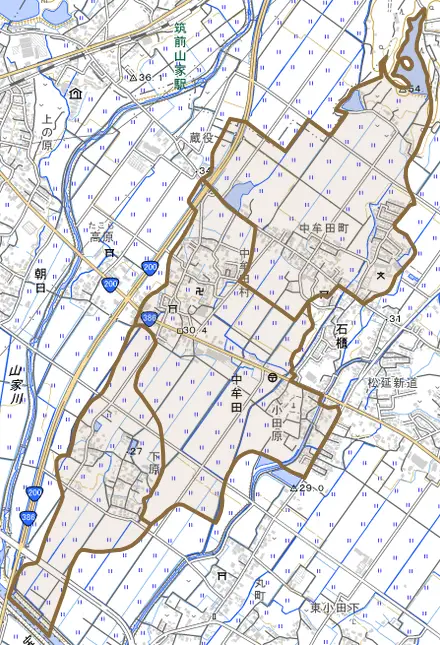 中牟田とその周辺の地図。町の範囲を重ねている