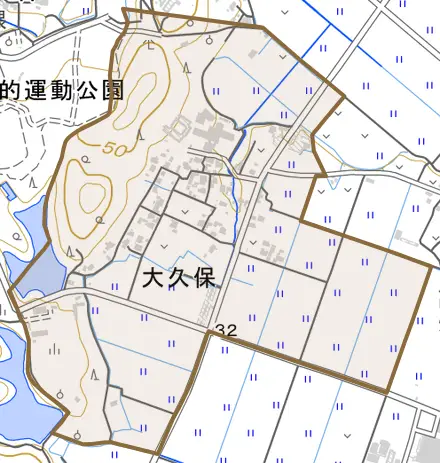大久保とその周辺の地図。町の範囲を重ねている