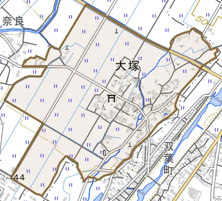大塚とその周辺の地図。町の範囲を重ねている