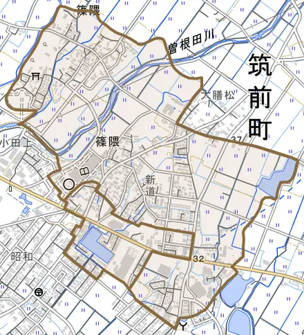 篠隈とその周辺の地図。町の範囲を重ねている