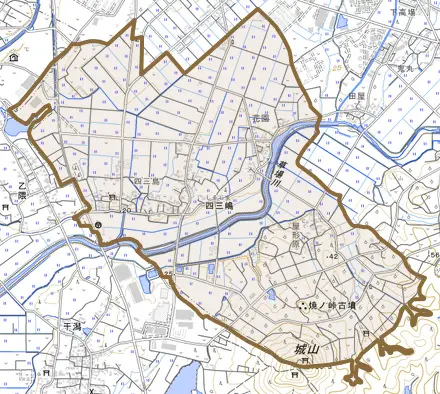 四三嶋とその周辺の地図。町の範囲を重ねている
