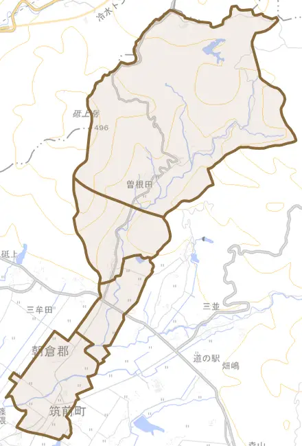 曽根田とその周辺の地図。町の範囲を重ねている