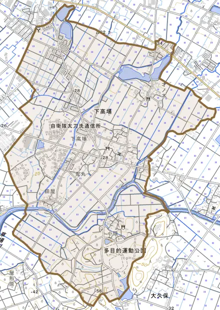 下高場とその周辺の地図。町の範囲を重ねている