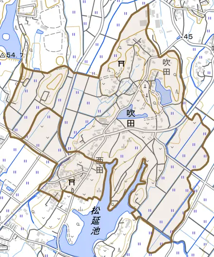 吹田とその周辺の地図。町の範囲を重ねている