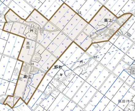 高上とその周辺の地図。町の範囲を重ねている