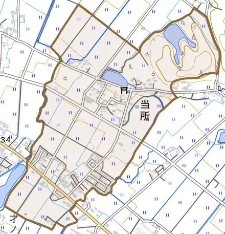 当所とその周辺の地図。町の範囲を重ねている