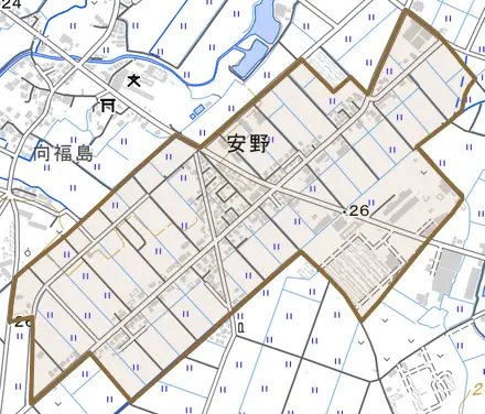 安野とその周辺の地図。町の範囲を重ねている