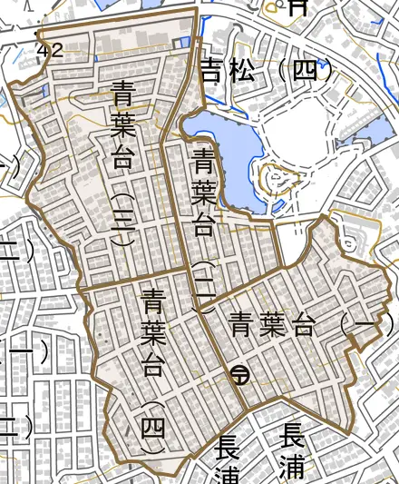 青葉台とその周辺の地図。町の範囲を重ねている