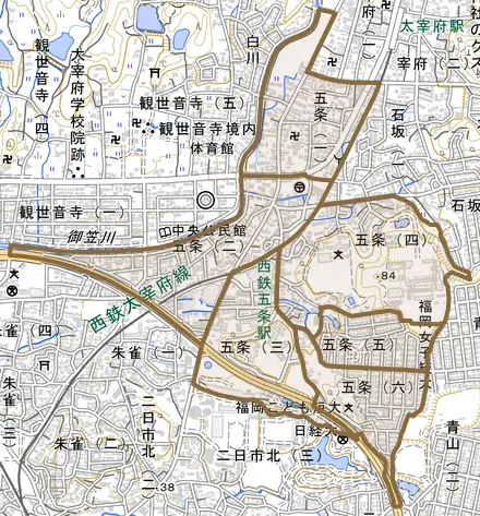 五条とその周辺の地図。町の範囲を重ねている